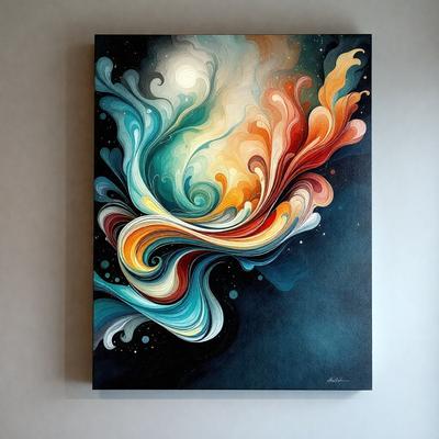 The primary subject of the image is a painting featuring a colorful, abstract design. The painting is displayed on a wall, which serves as the setting or background. The visual style of the painting is a mix of digital art and illustration, creating a unique and vibrant atmosphere. The dominant colors in the painting are blue, orange, and yellow, which contribute to the overall mood and energy of the artwork.